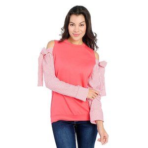 NWOT - OSO Casuals® French Terry Knit & Striped Woven Cold Shoulder Tie Pink 1X